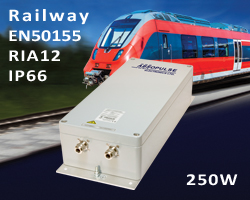 250W, IP66-Rated, Rugged Railway Quality DC-DC Converter with built in RIA12 Protection- image of converter and red train in background